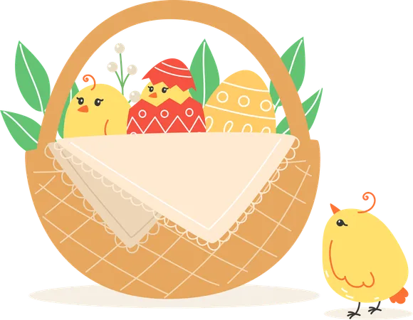 Easter Illustration With Chickens And Painted Eggs In A Wicker Basket For The Holiday In A Cartoon Style Illustration