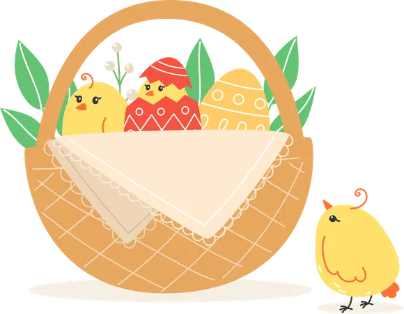 Chickens And Painted Eggs In Wicker Basket For Holiday  Illustration