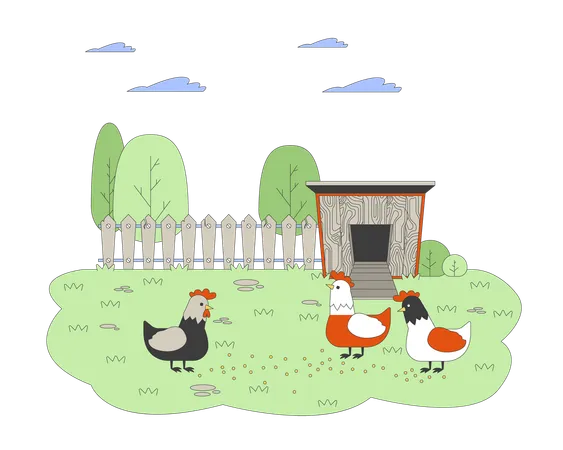 Chickens eating grains on farmyard  Illustration