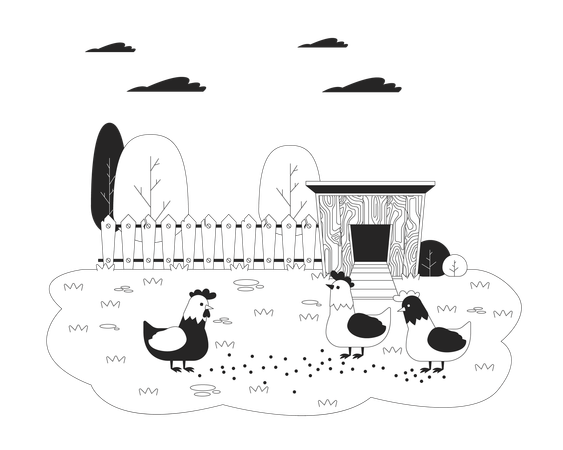 Chickens eating grains on farmyard  Illustration