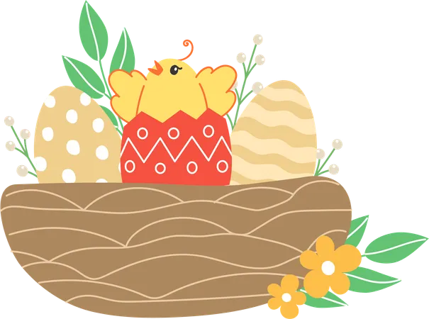 Easter Illustration With Chicks And Painted Eggs In A Nest For The Holiday In Cartoon Style Illustration