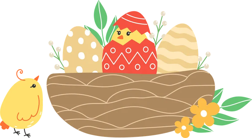 Easter Illustration With Chicks And Painted Eggs In A Nest For The Holiday In Cartoon Style Illustration