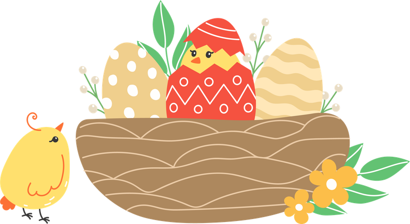 Chicks And Painted Eggs In Nest  Illustration