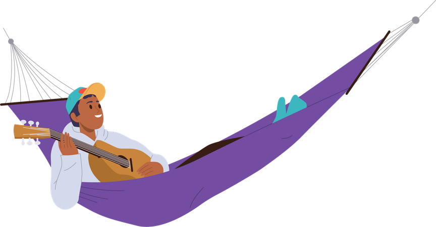 Un adolescente tocando la guitarra tumbado en una hamaca descansando al aire libre  Ilustración