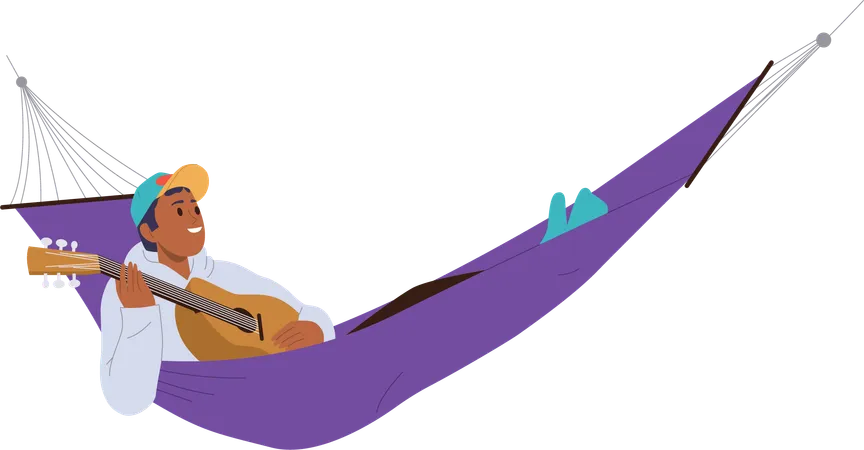 Un adolescente tocando la guitarra tumbado en una hamaca descansando al aire libre  Ilustración
