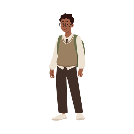 Chico afro de secundaria con mochila y gafas.  Ilustración