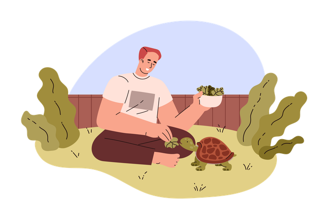 Un hombre alimenta a una tortuga en el jardín.  Ilustración