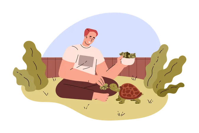 Un hombre alimenta a una tortuga en el jardín.  Ilustración