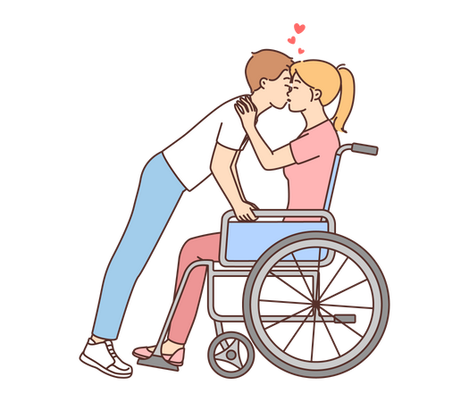Chico besando a chica en silla de ruedas  Ilustración