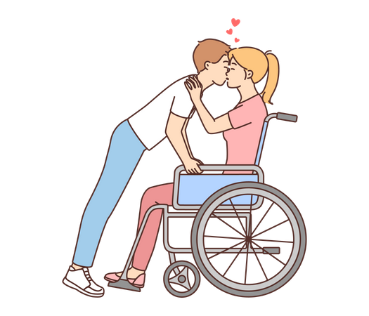 Chico besando a chica en silla de ruedas  Ilustración