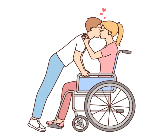 Chico besando a chica en silla de ruedas  Ilustración