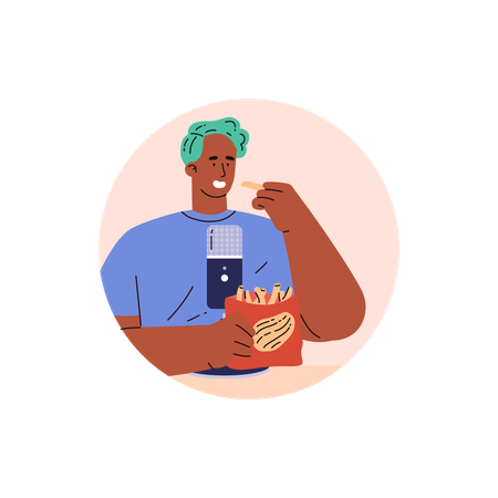 Chico bloguero de ASMR con un micrófono comiendo papas fritas  Illustration