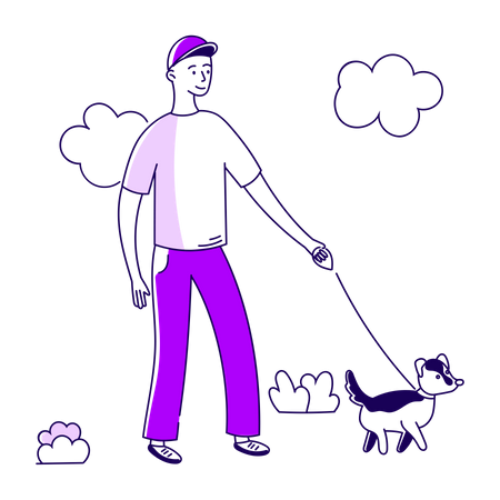 Chico caminando con perro mascota  Ilustración