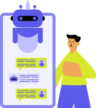 Niño charlando con un chatbot de IA en un teléfono inteligente  Ilustración