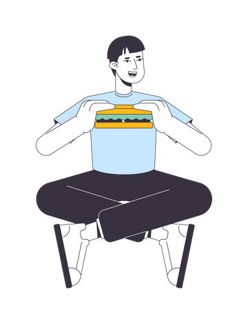 Chico comiendo sándwich en postura de piernas cruzadas  Ilustración