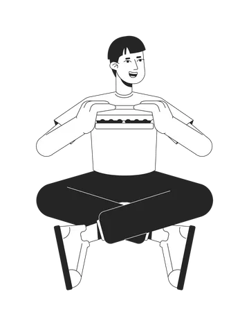 Chico comiendo sándwich en postura de piernas cruzadas  Ilustración