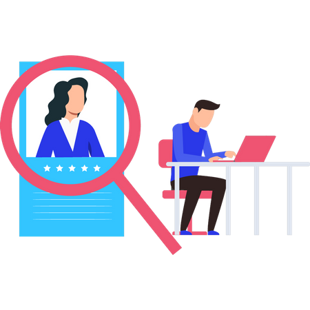 Chico revisando el perfil de la chica para buscar trabajo  Ilustración
