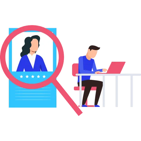 Chico revisando el perfil de la chica para buscar trabajo  Ilustración