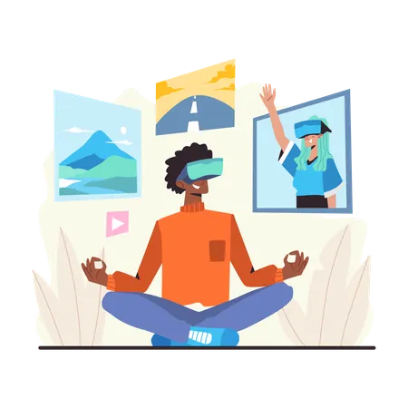 Chico comunicándose con chica usando VR  Ilustración