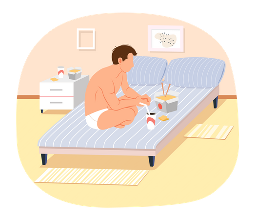 Chico usando calzoncillos sentado en la cama  Ilustración