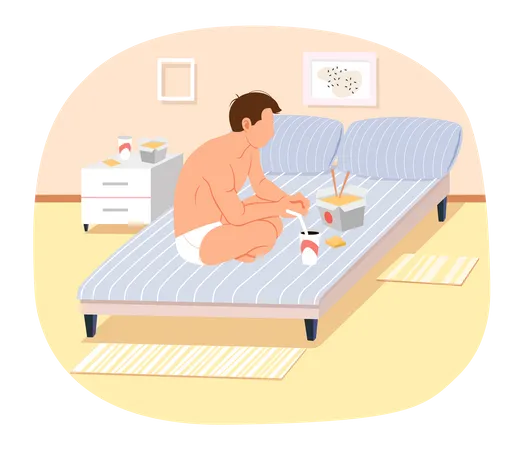 Chico usando calzoncillos sentado en la cama  Ilustración