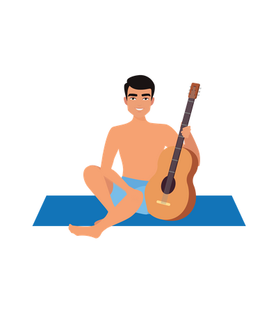 Chico con guitarra en la playa.  Ilustración