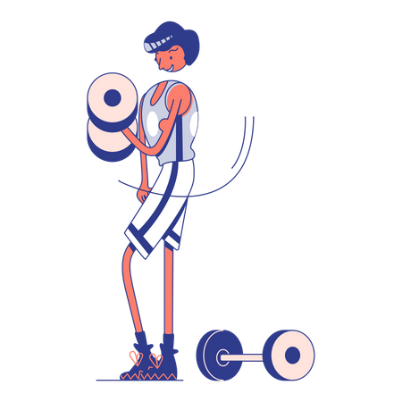 Chico con pesas en el gimnasio.  Ilustración