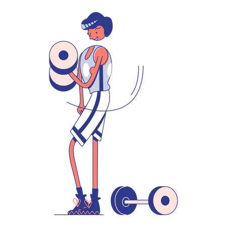 Chico con pesas en el gimnasio.  Ilustración