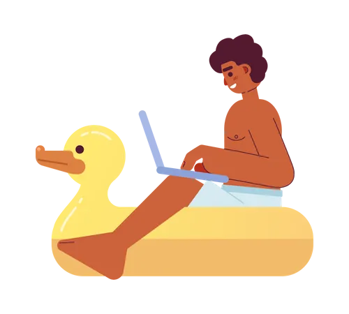 Chico con laptop en flotador de piscina de pato  Ilustración