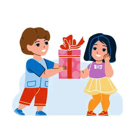 Niño le da un regalo a su amiga en su cumpleaños  Ilustración