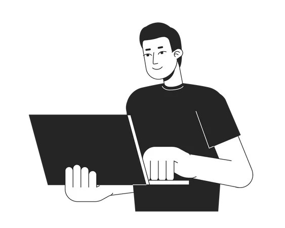 Chico de pie con la computadora portátil  Ilustración