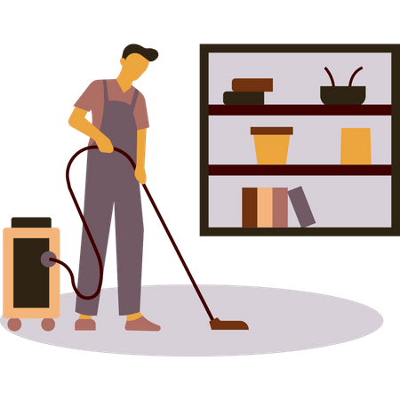 Chico del servicio de habitaciones limpiando la habitación con una aspiradora  Ilustración