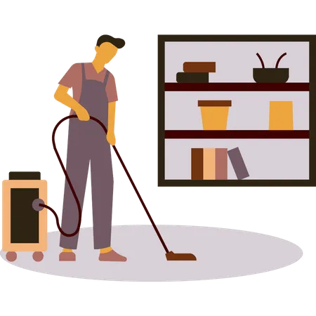 Chico del servicio de habitaciones limpiando la habitación con una aspiradora  Ilustración