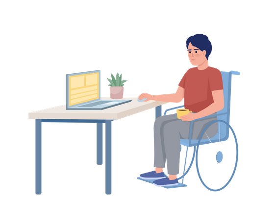 Chico discapacitado trabajando en una computadora portátil  Ilustración