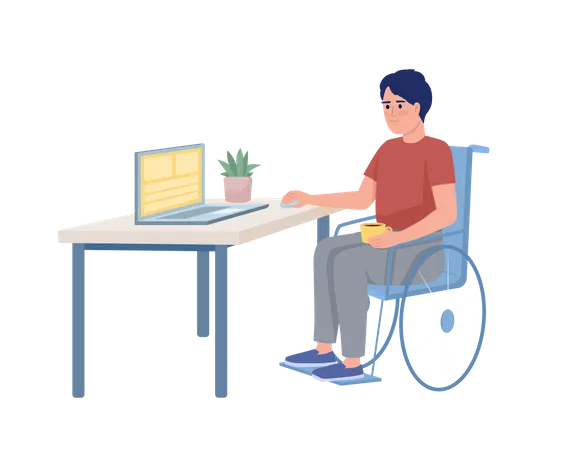 Chico discapacitado trabajando en una computadora portátil  Ilustración