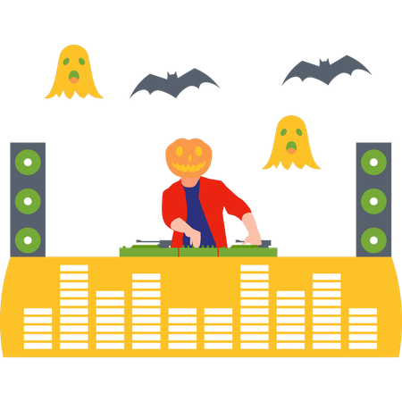 El chico es el DJ de la fiesta de Halloween.  Ilustración