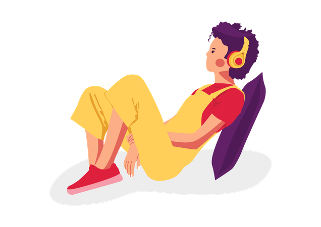 Chico escuchando música y disfruta.  Ilustración