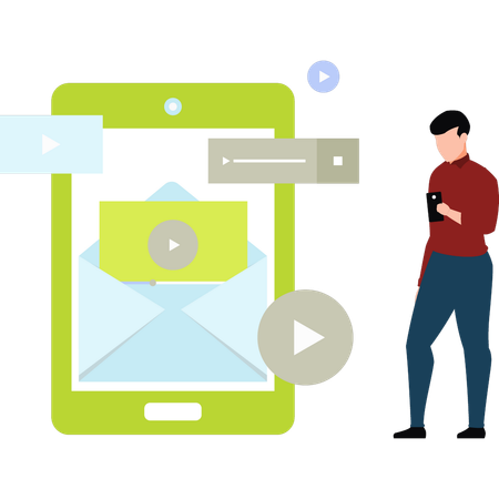 El chico está enviando un correo electrónico con vídeo.  Ilustración