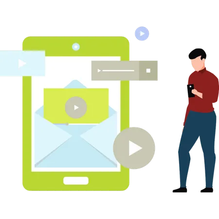 El chico está enviando un correo electrónico con vídeo.  Ilustración