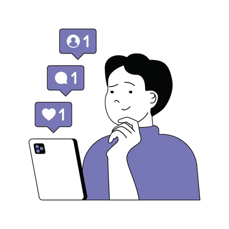 El chico está mirando los me gusta de las redes sociales.  Ilustración