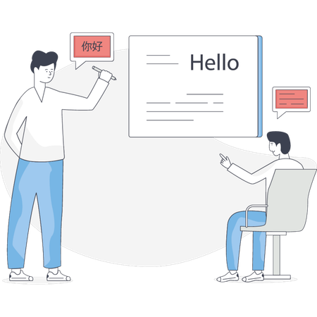 El niño está tomando un curso de idiomas.  Ilustración