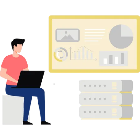 Guy está usando una computadora portátil para el servidor de gráficos.  Ilustración