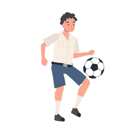 Niño estudiante pateando pelota después de clases  Ilustración