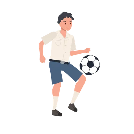 Niño estudiante pateando pelota después de clases  Ilustración