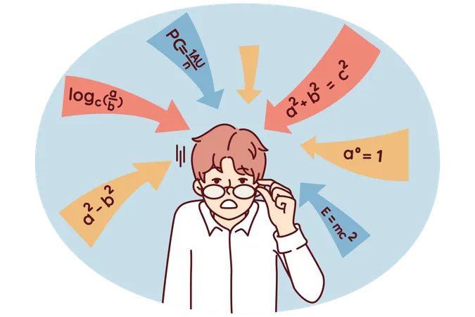 Un chico estupefacto toca sus gafas tras ver fórmulas matemáticas en la escuela  Ilustración
