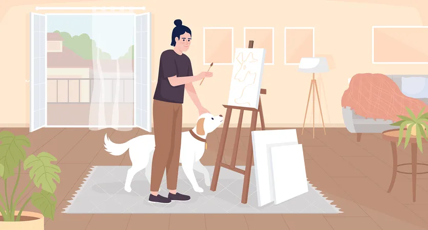 Chico feliz acariciando a un perro y pintando sobre lienzo  Ilustración