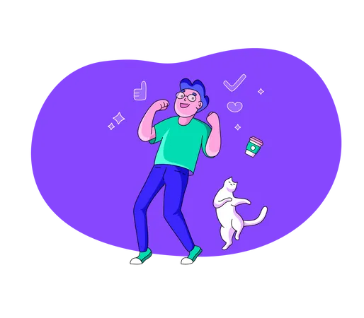 Chico feliz y gato saltando por la noche  Ilustración