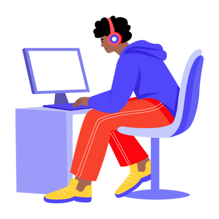 Niño jugador jugando en la computadora  Ilustración