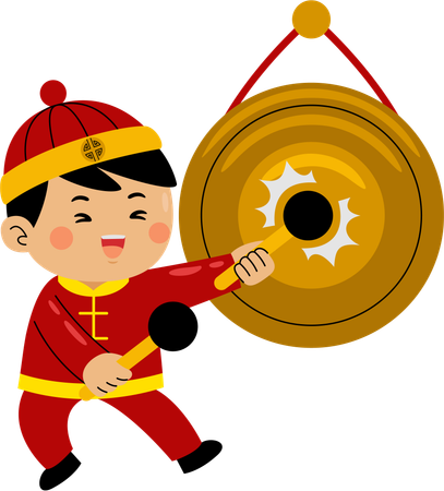 Niño tocando gong chino  Ilustración