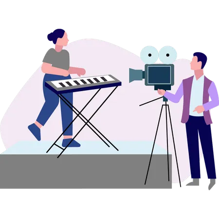 Niño grabando video de niña mientras toca el piano  Ilustración